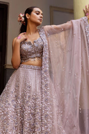 Victorian Grey Organza Taffeta Lehenga